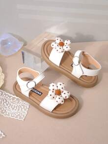 女童休闲凉鞋，适合幼儿、小童和大童的新款夏季时尚平底鞋，钩环沙滩鞋 - 米色 - 查看 2