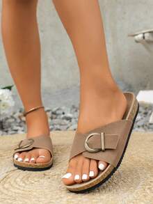 女士新款时尚沙滩凉鞋，木底平底露趾透气扣休闲百搭舒适户外散步平底凉鞋 - 棕色 - 查看 4