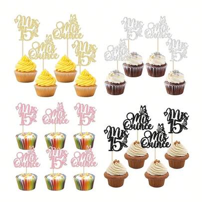 24pcs Mis Quince 15 Cupcake Toppers Glitter 15th Birthday Cake Toppers Fifteen Dessert Decor Cheers To 15 Years Party Decorations