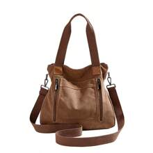 Women's Plain Zip Front Large Capacity Casual Shoulder Bag
