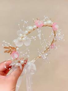 1 件女孩珍珠花头带带丝带，手工制作的波西米亚风发饰，适合节日、旅行、派对、婚礼、拍照
