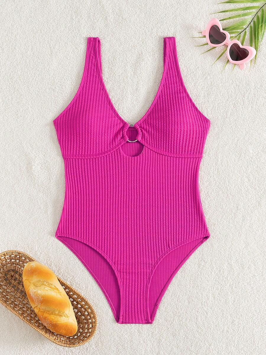 One-Piece Swimsuit For Tween Girls, Featuring High Side Slit Bikini Design, Tummy Control, Round Neck Backless Style, Makes You More Attractive On The Beach - Pink - View 1