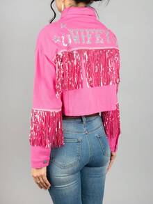 Chaqueta corta elegante de manga larga blanca con lentejuelas en contraste y detalle de flecos para mujer, informal y elegante. - Rosa - Ver 6