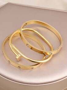 3pcs Fashion 18K Gold Plated Stainless Steel Four-Leaf Clover Nail Bracelet, Suitable For Women's Party, Daily Wear, European And American Style, Personalized, Generous, Luxury Cubic Zirconia Wristband, Wedding Jewelry Set, Gift For Girls, Women, Relatives, Friends, Beautiful Wedding, Birthday, Valentine's Day, Mom, Mother, Mother's Day, Gift