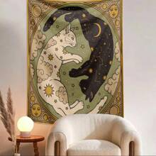 1 Pc Vintage Sun, Moon, Lucky Cat, Constellation, Letter, Boho Style Printed Tapestry Wall Hanging Decor, Living Room, Bedroom, Office, Dorm, Home Party, Rectangular Kitchen Wall Decor Fabric With Drape, Includes 3 Pins And 2 Clips