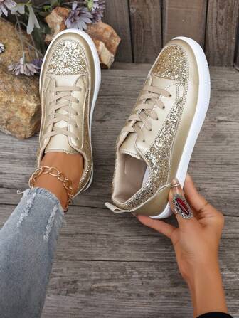 Plus Size Women's Shiny Gold Sneakers, Fashion Sparkling Student Outdoor Sports Shoes, Comfortable Flat Front Lace-Up Casual Athletic Shoes (Recommend Ordering One Size Up As The Shoes Run Small)