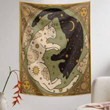 1 Pc Vintage Sun, Moon, Lucky Cat, Constellation, Letter, Boho Style Printed Tapestry Wall Hanging Decor, Living Room, Bedroom, Office, Dorm, Home Party, Rectangular Kitchen Wall Decor Fabric With Drape, Includes 3 Pins And 2 Clips