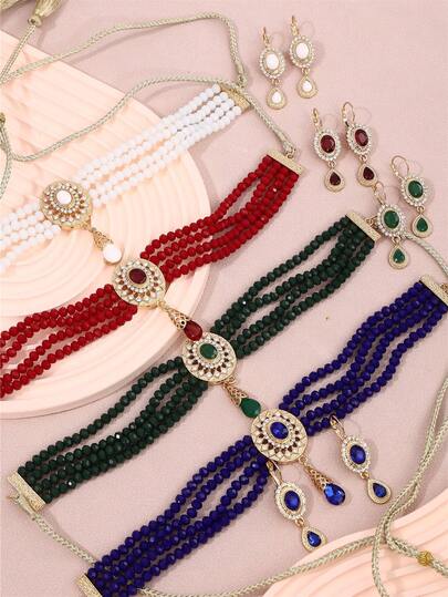 1套阿拉伯風格手工珠寶項鍊，掛墜為水滴形鑽石項鍊，包含相配耳環，適用於女性婚禮、派對、節日及舞會等場合穿搭珠寶套裝