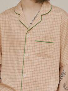 Conjunto de pijama para hombres de manga corta con cuello de solapa e shorts con estampado a cuadros, ligero y delgado, cómodo y casual para el verano