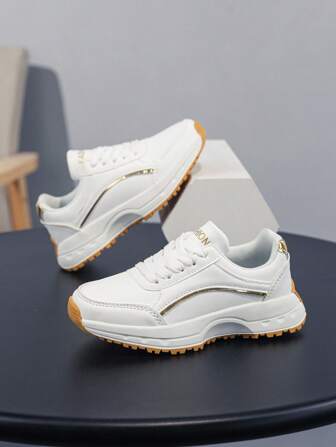 Classic White & Gold Children Sports Shoes, Non-Slip Outdoor Jogging Fashion Campus Party Gymnastics Shoes, Unisex