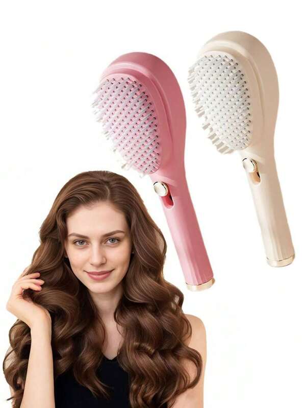 2 Pieces Retractable Self-Cleaning Anti-Static Comb, One-Click Comb, Scalp Massage Brush For All Hair Types, Easy To Remove And Clean (Pink And Beige (Button)) Note:Product Material Is Hard