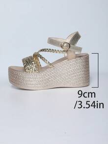 Giày sandal đế xuồng cao cấp màu vàng ánh kim dành cho nữ, kiểu dáng thời trang ngoài trời, gợi cảm, quai đan, khóa cài, hở mũi, thoải mái khi mang hàng ngày, dự tiệc, đi nghỉ mát, dễ phối với váy và quần. Chất liệu cao cấp, sandal đế xuồng cần thiết cho du lịch. - Vàng - Xem 9