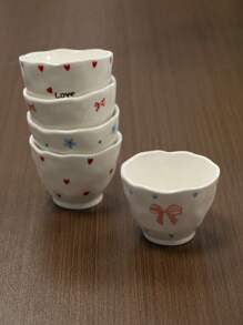1pc/5pcs Cute Cartoon Heart & Bow Handle Ceramic Mugs, Family Gathering Tableware, Breakfast Milk Cup, Afternoon Tea Coffee Cup, Holiday Souvenir, Birthday Gift Back To School