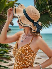 Women's 1-Piece Khaki & Beige Straw Woven Wide-Brim Sun Hat - Bohemian Casual Summer Outdoor Hat With Black Ribbon Bow, UV Protection For Beach, Garden & Travel | Lightweight Breathable Boho-Chic Accessory - Hat - View 11