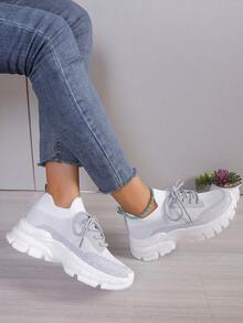 24pcs Women's Color Block Pattern Letter Lightweight Road Running Sneakers - White - View 6