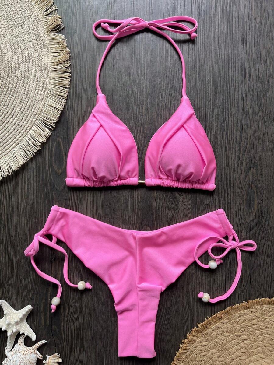 Bộ bikini cổ yếm màu trơn, đồ bơi mùa hè thời trang đi nghỉ mát biển màu hồng - Hồng - Xem 1