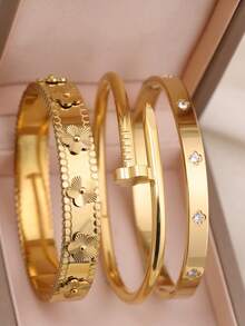 Fashion 18K Gold Plated Stainless Steel Floral Bangle Bracelets, Cubic Zirconia Inlaid, Waterproof, European Style Wrist Jewelry For Women, Casual, Wedding, Party, Valentine's Day Gift,Mom,Mother,Mother's Day,Gift - Five-leaf Clover Style - View 11