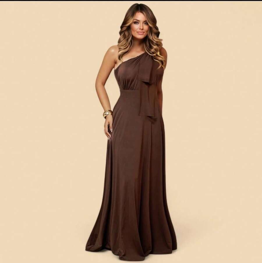 Long Party Dress With Lace, Lined Cups, Comfortable, Elegant, Simple - 鏽棕色 - 查看 1