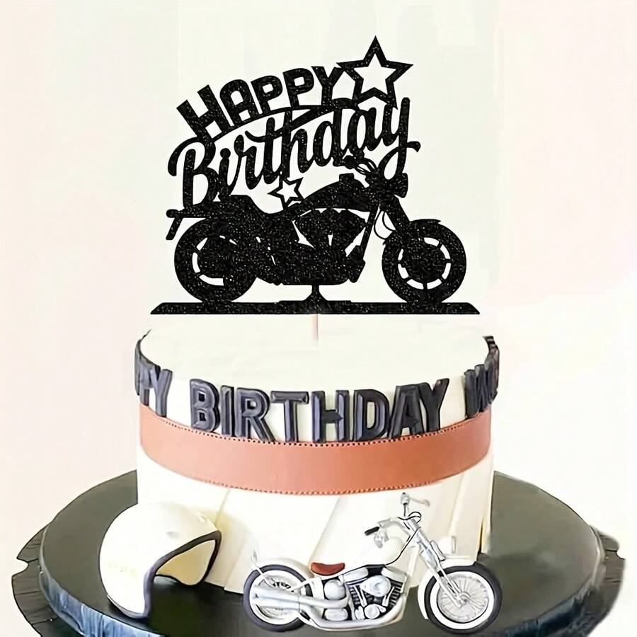 1 件生日快乐蛋糕装饰黑色闪光摩托车派对装饰生日派对蛋糕装饰 - 黑色 - 查看 1