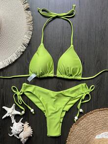 Women's Green Halter Solid Fabric Bikini Vacation Beach Summer - Green - View 3