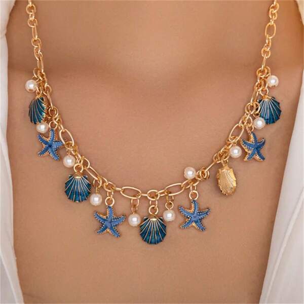 1Pc Shell & Pearl Charm Necklace(Blue)