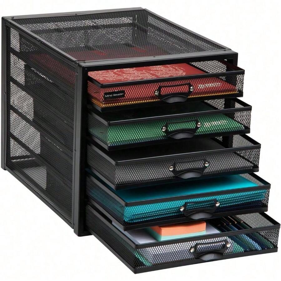Cajón para guardar archivos, organizador de escritorio, multiusos, para manualidades y oficina, malla metálica, 28 cm de largo x 35 cm de ancho x 28 cm de alto, color negro - Negro - Ver 1