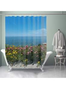 1pc/4pcs Ocean & Beach Floral Print Bathroom Curtain Set 12 Hooks, Anti-Slip Bath Mat, U-Shaped Toilet Mat & Round Toilet Cover, Multifunctional Bathroom Set For All Occasions Back To School