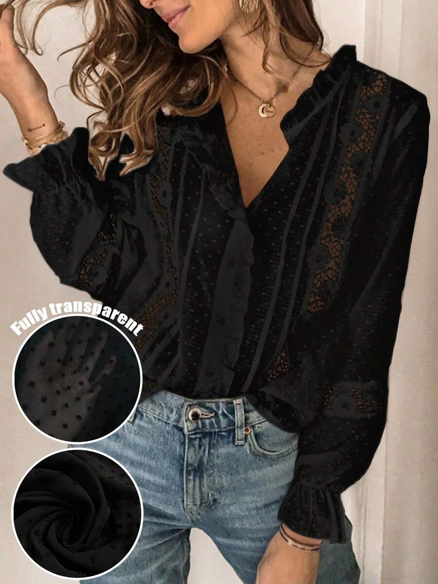 Cute Casual Loose Fit Blouse - Black - View 1