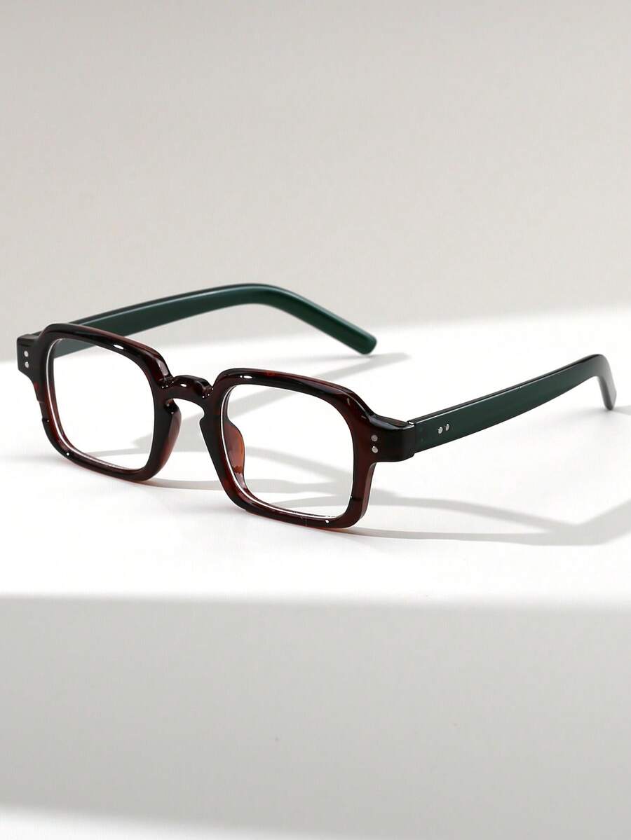 1 Pair Men's Square Studded Retro Street Style Flat Top Fashion Glasses, Versatile Daily Wear Accessory - Clear - View 1