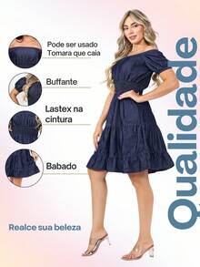 Elegant Women's Jeans Dress In Stretch At The Waist And Ruffle - 藍色 - 查看 4