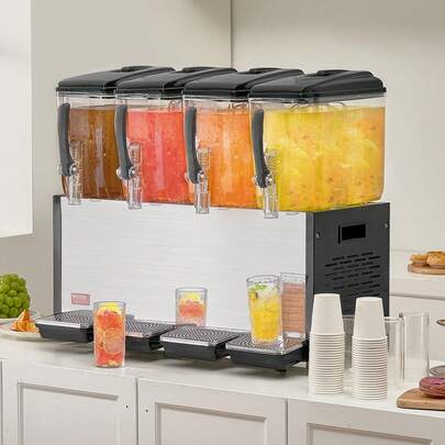 Commercial Beverage Dispenser, 4 Tanks 12 L / 12.7 QT Per Tank Juice Dispenser, 510W Stainless Steel Ice Tea Drink Machine With 45°F-54°F Cooling Temperature, For Cold Drink Restaurant Bar Party