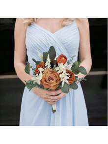1 件婚礼花束玫瑰人造花束秋季婚礼装饰新娘焦橙色新娘花束婚礼赤陶花束婚礼仪式求婚，玫瑰婚礼胸花，假丝绸玫瑰花束用于婚礼派对办公室家居装饰工艺品
