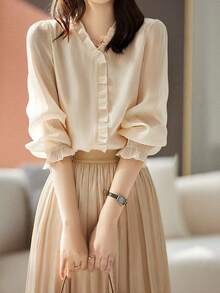 Casual Ruffled Trim Blouse, Korean Fashion, Versatile - Beige - View 1