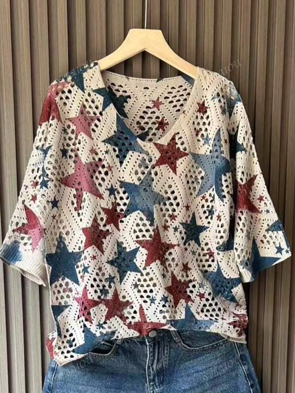 Women's Graphic 3D Five-Pointed Star Print V-Neck Hollow Out Knitted Top