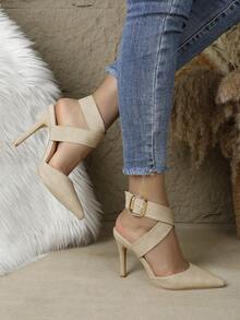 Women's Pointed Toe Stiletto Heel Backless Fashion Champagne/Black/White Sexy High Heel Pumps With Ankle Strap, Ladies Shoes - Apricot - View 2