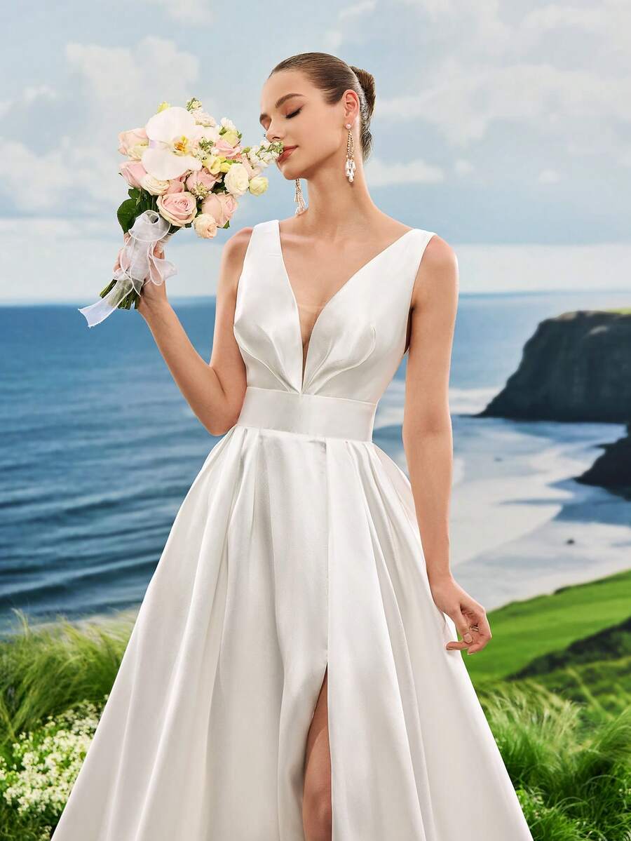 Vestido de noite formal branco, decote em V profundo, cor sólida, para mulheres, para casamento, noiva