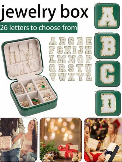 1pc Travel PU Leather Jewelry Box With Letter, Portable Waterproof Jewelry Storage Box, Multi-Functional Jewelry Organizer, Desktop Storage Box, Storage And Organization, Multi-Layer Cosmetic Storage Box, Ring Necklace Box, Travel Accessories, Jewelry Display Stand, Valentine's Day Gift, Bridesmaid Gift, Birthday Gift, Graduation Gift, Wedding Decor, Bedroom Decor, Desktop Decor, Women's Gift, Bedroom Decor, Ramadan Decor, Wedding Decor, Ramadan Storage Essential, Jewelry Box, Jewelry Case