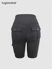 女士休闲纯色口袋工装裤骑行短裤修身黑色紧身裤 - 黑色 - 查看 2