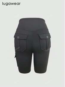 Women's Casual Solid Color Pocket Cargo Pants Biker Shorts Slim Fit Black Leggings