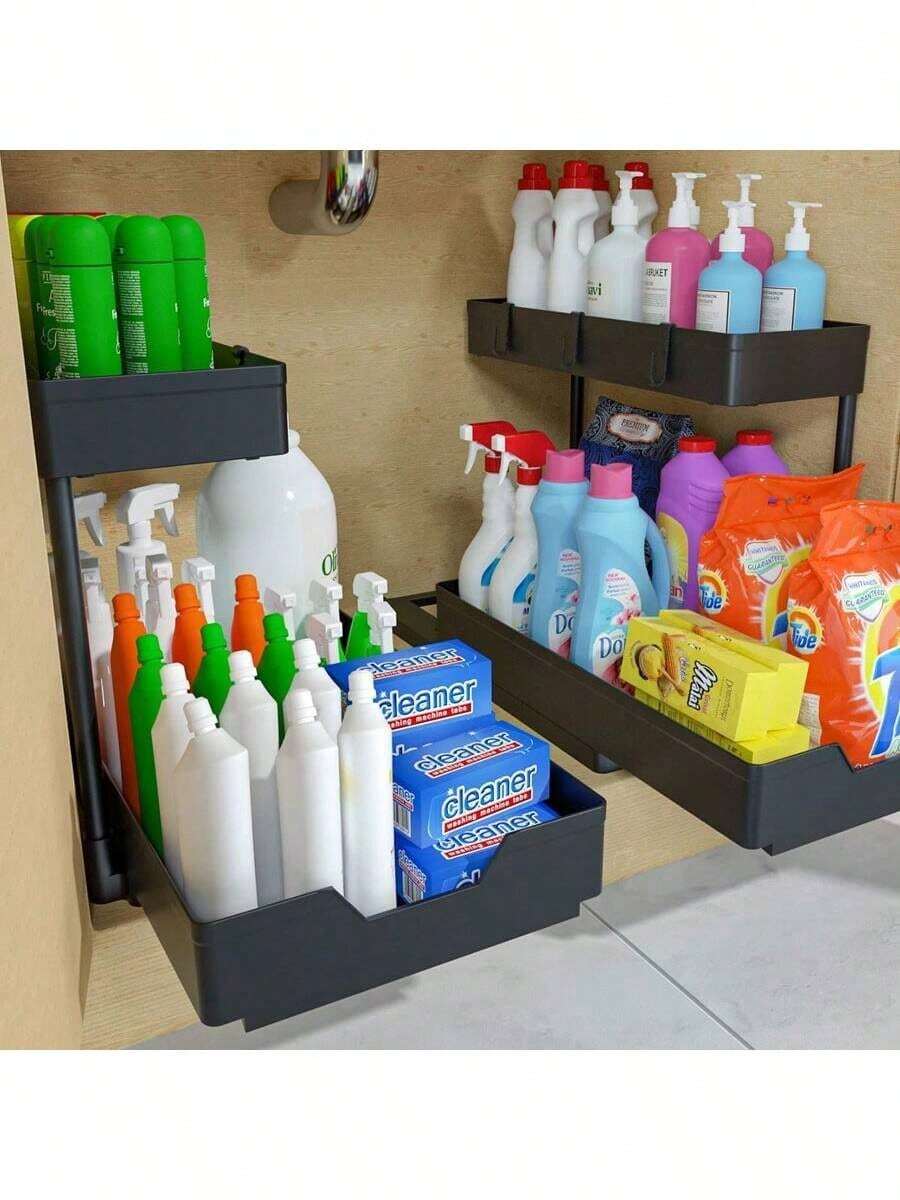 2-Tier Under Sink Organizer And Storage Sliding L-Shape Under Bathroom Kitchen Cabinet Organizers Storage Multi-Purpose Sink Organizer Storage For Bathroom Kitchen Drawer