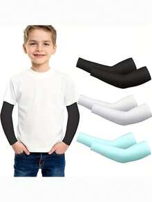 1pair Elastic Kids Arm Sleeves Sun UV Protection Solid Color Sun Protection Ice Cuff Girls Boys - Multicolor - View 2