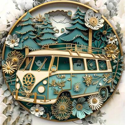 8x8英寸波西米亚风迷你巴士金属墙饰，1个扁平印刷铁圈，预钻孔方便安装，适用于室内/室外家居、花园、厨房标牌，孔位随机。