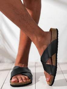 Plus Size Men's Flat Simple Buckle Slip-On Criss-Cross Slippers - Black - View 2