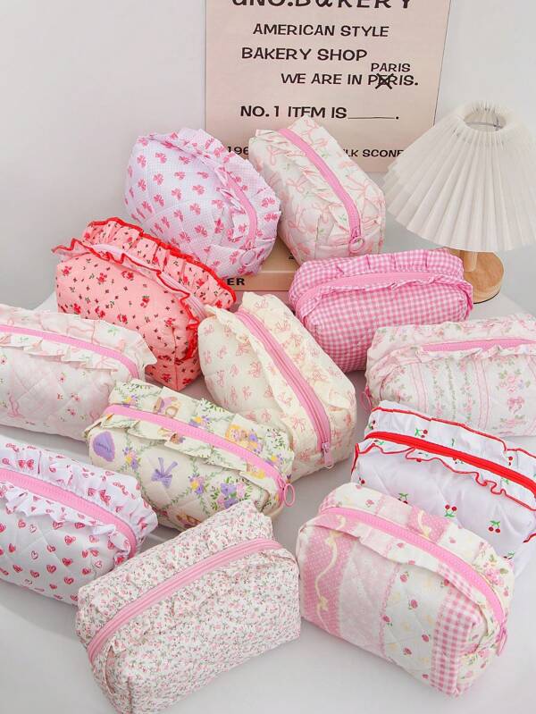 1 Piece Floral Handle Cosmetic Bag Ruffle Makeup Pouch Zippered Pouch Travel Toiletry Bag Cosmetic Brushes Storage Bag Lipstick Skincare Bag Toiletry Travel Bag Cute Student Ruffle Pencil Case Wallet For Fashionable Travel Accessories Cruise Essentials Dorm Essentials,Wedding Bridesmaid Gifts,Mom Gifts,Birthday Gifts,Gifts For Friends And Teachers,Home Decor,Bathroom Living Room Bed Room Decor,Bathroom Organizer,Jewelry Organizer,