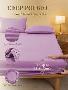 2/3pcS Solid Color Purple Fitted Sheet Set (1Pc Fitted Sheet+2pcs Pillowcases), Mattress Protector, Mattress Cover For Bed, Bed Sheet Set, Soft And Breathable, For All Size Bed -Twin, Full, King, Queen Size Sheet Deep Pocket Up To 11.8 Inch Home Textile - Purple - View 7