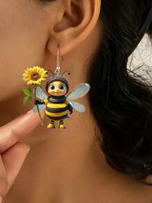1 par de aretes creativos y lindos de abeja de acrílico sosteniendo un girasol, diseño de animal encantador como regalo para mujeres