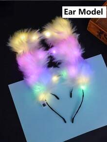 1 创意LED羽毛耳朵头带发光猫耳朵（馒头猫耳形面包）头带，兔耳朵闪光头带派对婚礼圣诞节万圣节3种模式，含电池