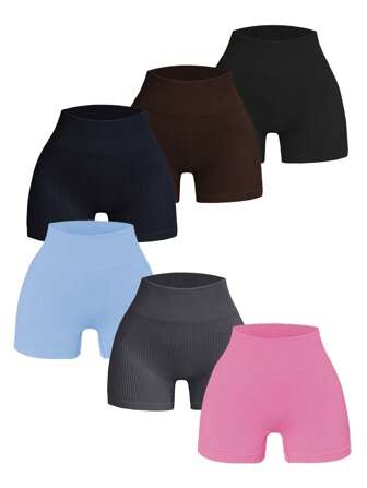 6件套女士高腰户外度假短裤，高弹力纯色百搭健身运动短裤