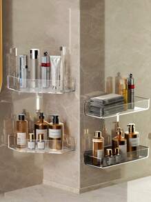 1pc Bathroom Organizer Storage Rack, Adhesive Mounted Without Drilling, Suitable For Large Families, Home Daily Essentials Back To School