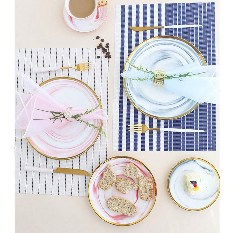 1pc Marble Pattern Ceramic Plate With Gold Rim, Creative Home Use Dinner Plate, Dessert Plate, Steak Plate, Breakfast Plate - Multicolor - View 1